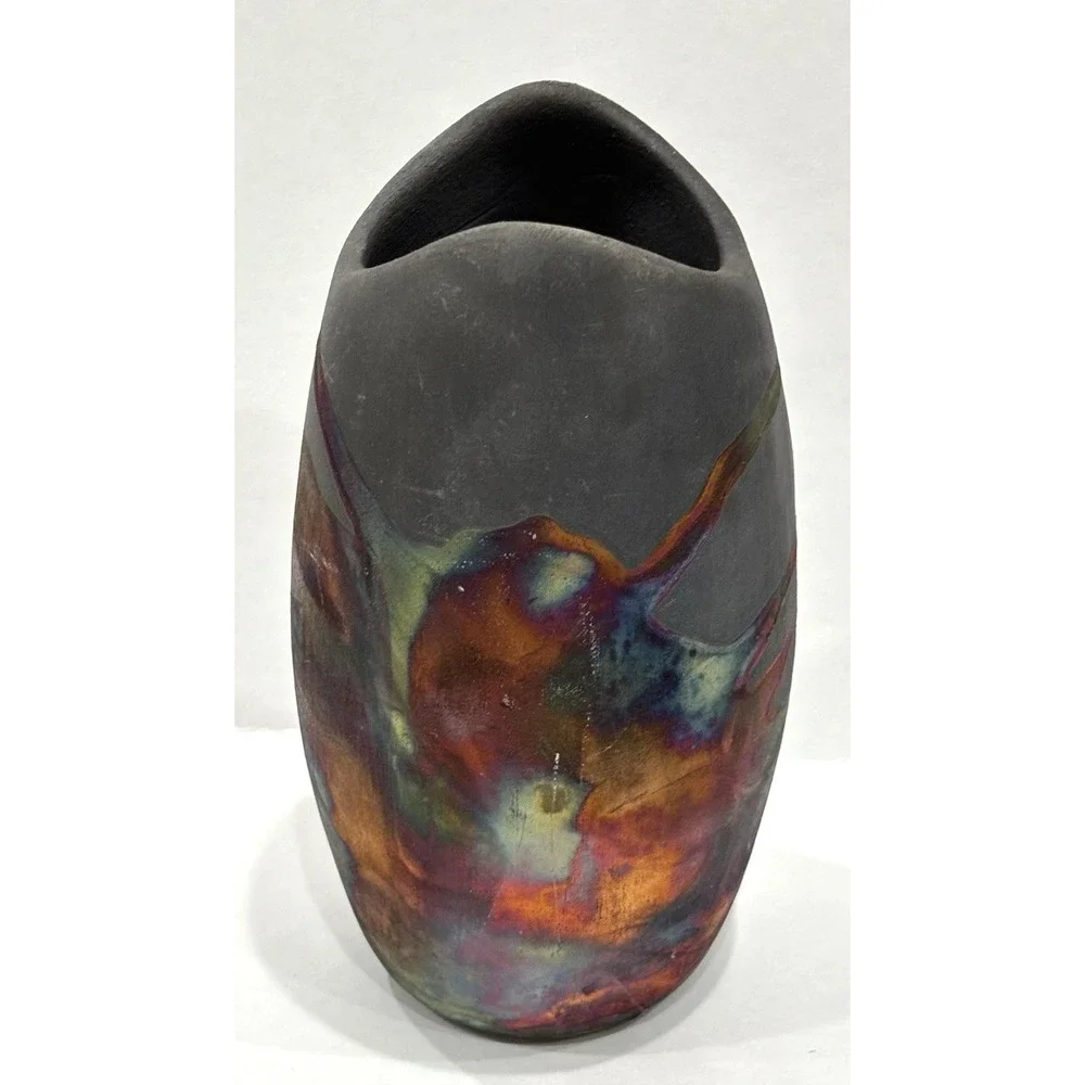 RAACUU Studio Pottery Vase Abstract Multicolor Glaze Handcrafted Stamped Base